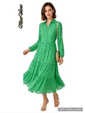 Mint Velvet midi dress polka dot, ruffled layers, button-front, long sleeve